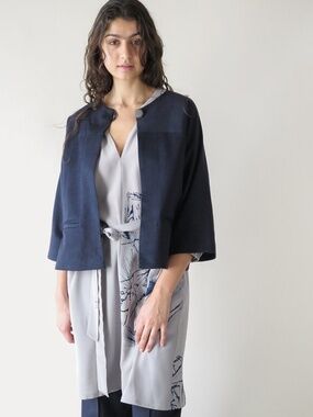 ERICA TANOV The Ruby Jacket In Navy Cotton Silk Blend Sleek Swing Coat M Flaws